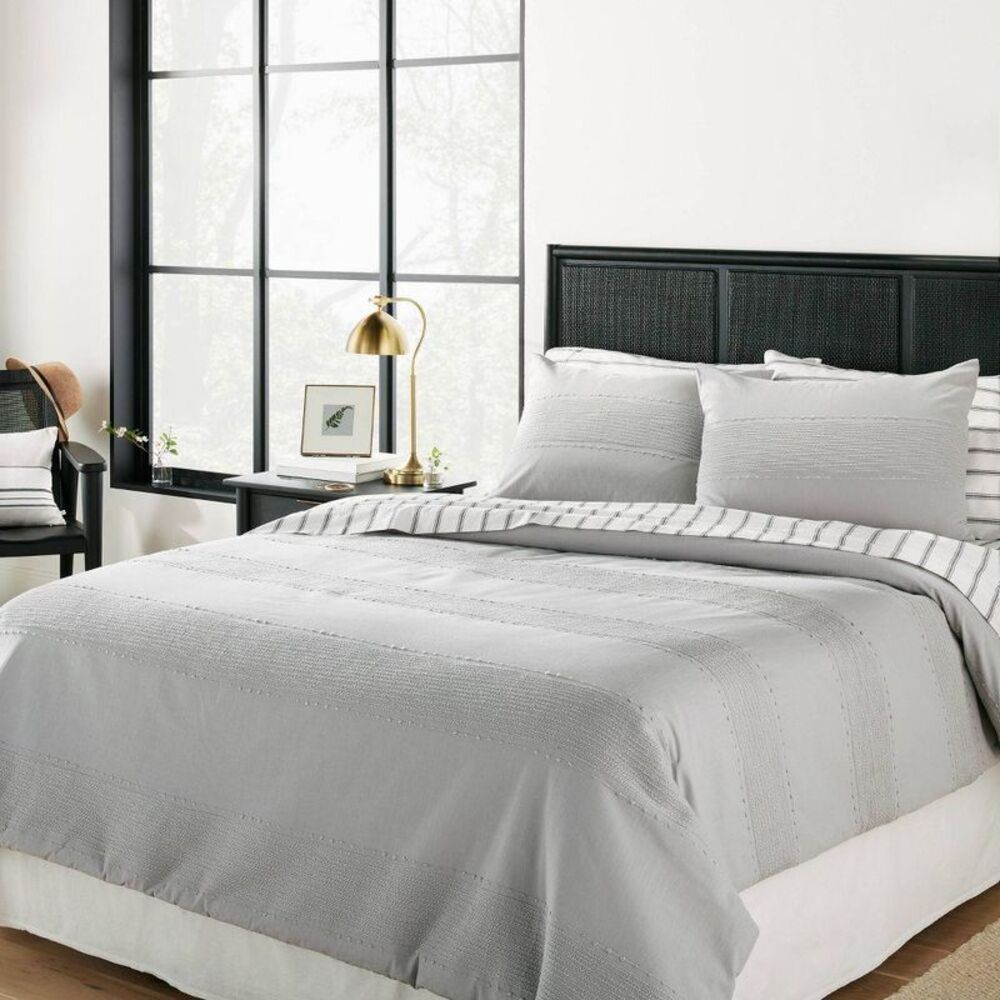3pc Full/Queen Slub Center Strip Comforter Set Jet Gray - Picture 4 of 4